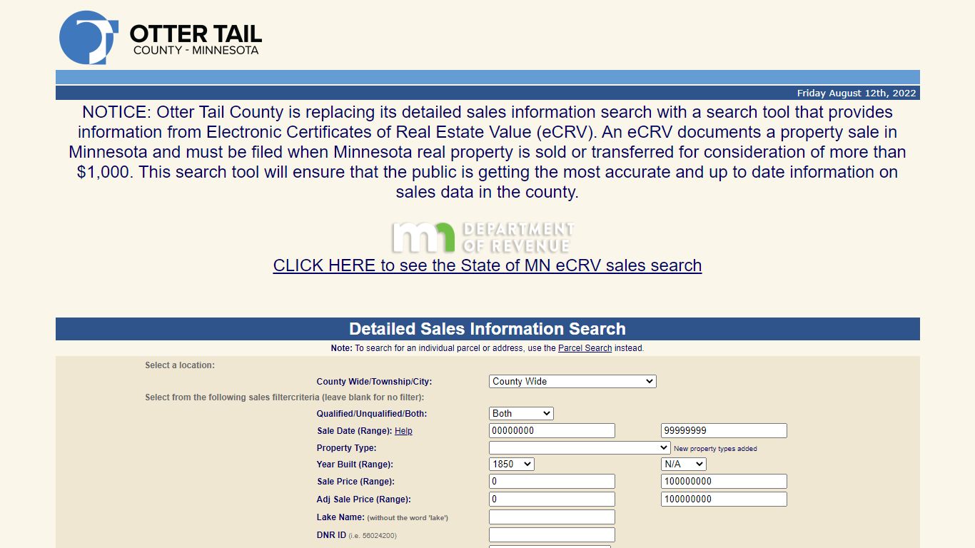 Detailed Sales Information Search - Otter Tail County, MN